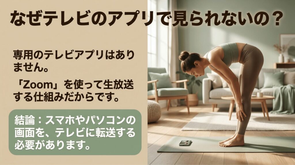 うちヨガは専用テレビアプリではなくZoom配信のため、スマホやパソコンの画面をテレビに転送する必要があることを説明するスライド