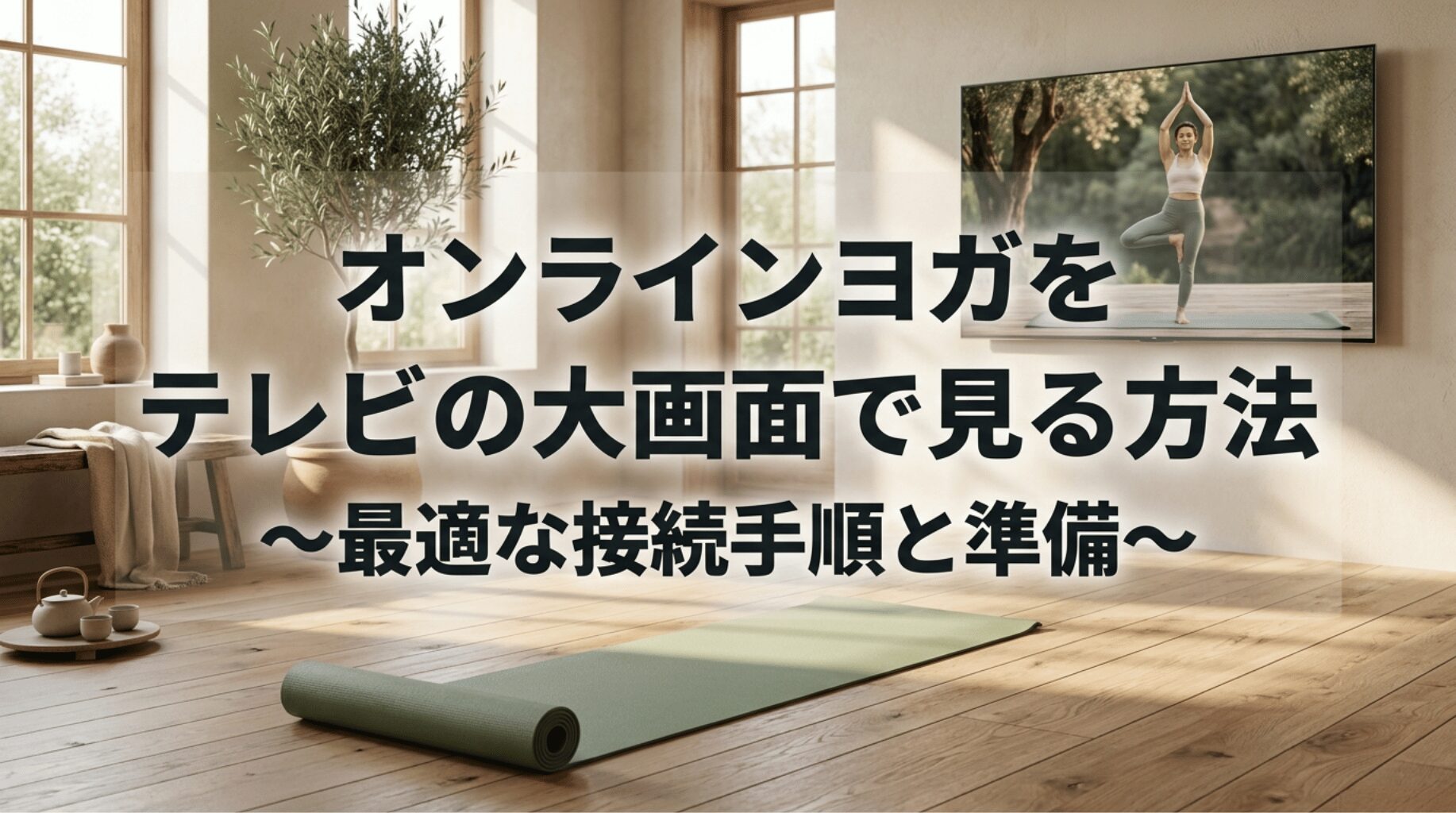 うちヨガをテレビの大画面で視聴する方法をイメージした、おうちヨガ空間とテレビ画面のスライド