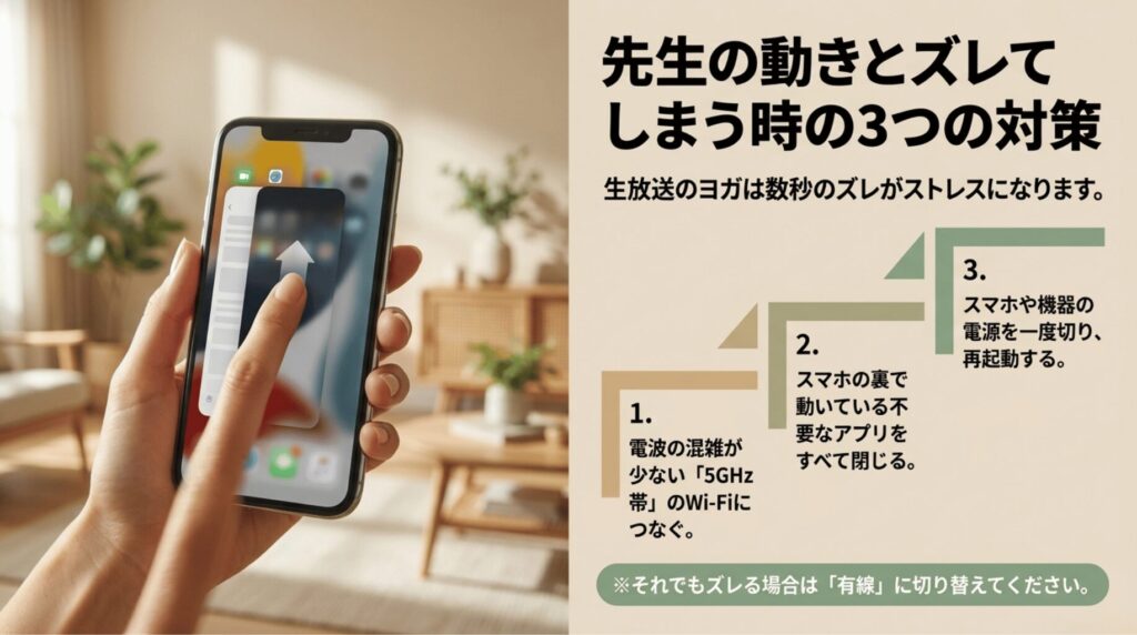 うちヨガのライブレッスンで映像や音声がズレる場合の対策として、5GHz Wi-Fi、不要アプリ終了、再起動を紹介するスライド