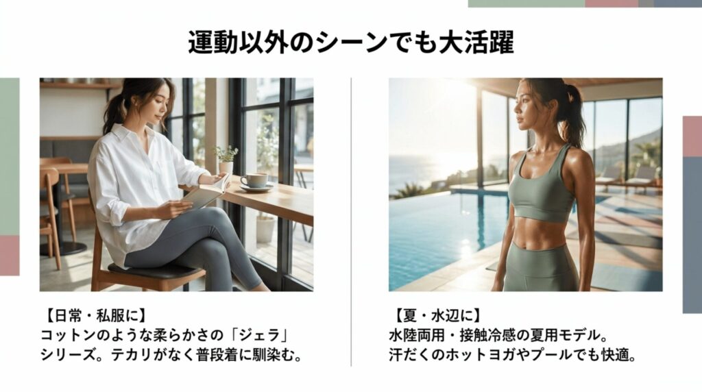 日常使い向けの柔らかなジェラシリーズと、夏や水辺向けの水陸両用モデルを紹介する画像