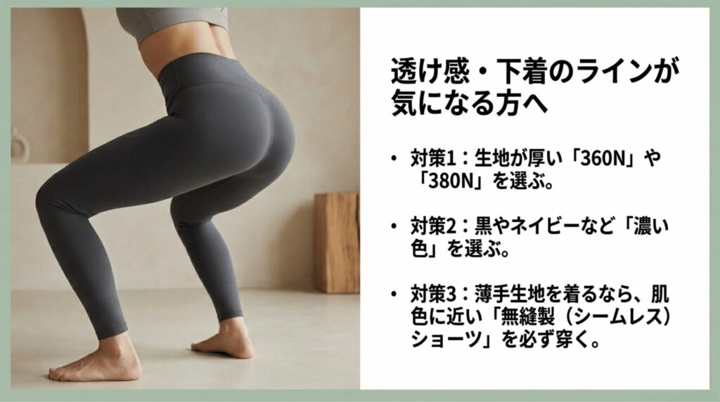 XEXYMIXレギンスの透け感対策として、厚手生地・濃色・シームレスショーツを勧める画像