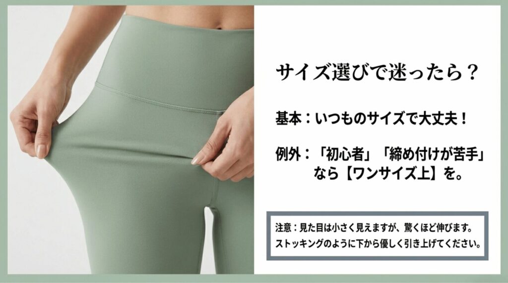 通常サイズを基本に、初心者や締め付けが苦手な人はワンサイズ上を選ぶ目安を説明した画像
