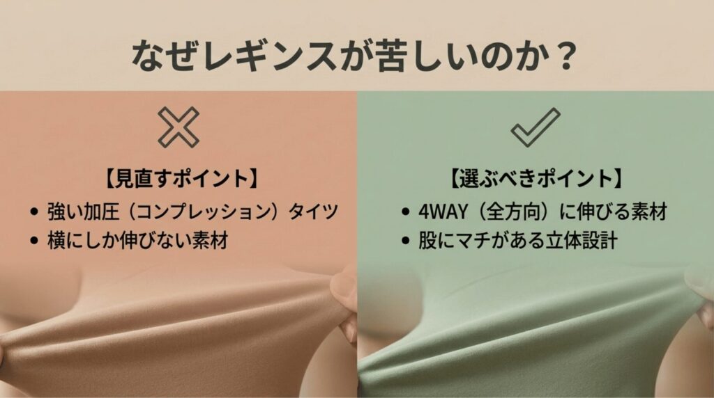 レギンス生地の比較図。強い加圧や横にしか伸びない素材は見直し、4WAYストレッチと股マチのある立体設計を選ぶと示している