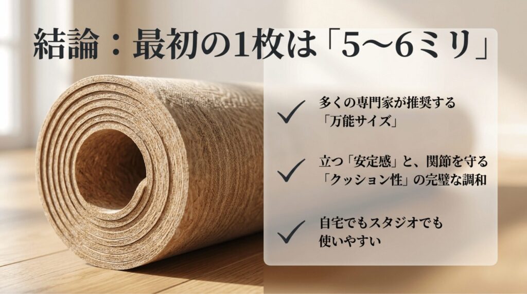 初心者の最初のヨガマットは安定感とクッション性のバランスがよい5〜6ミリがおすすめであることを示したスライド