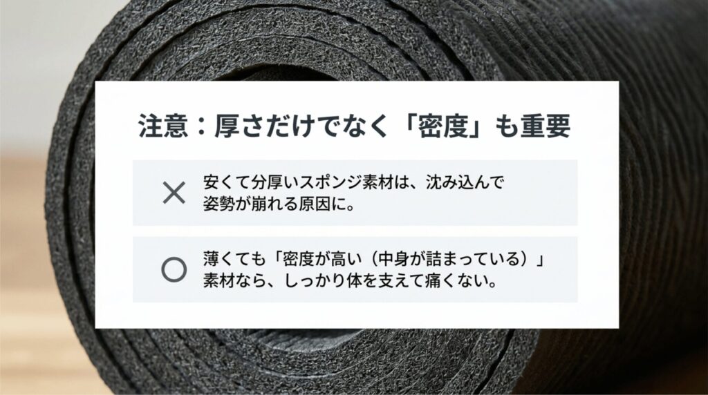 安くて分厚いスポンジ素材は沈み込みやすく、薄くても高密度な素材なら体をしっかり支えられることを示したスライド
