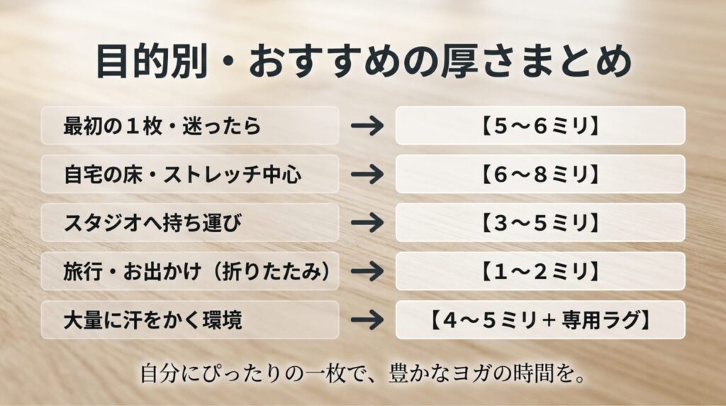初心者、自宅用、持ち運び用、旅行用、ホットヨガ用など目的別におすすめのヨガマットの厚さをまとめたスライド