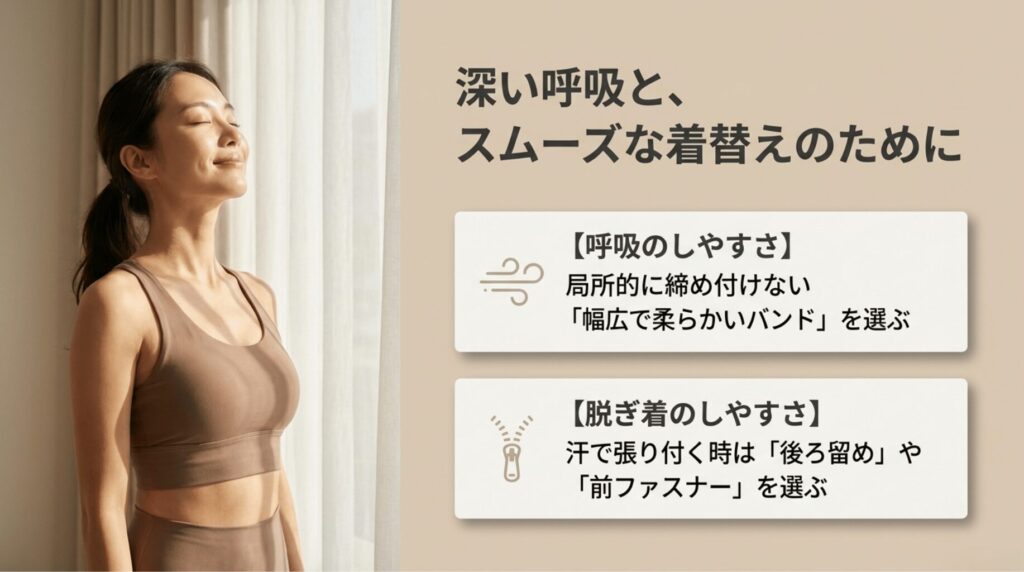 深呼吸する女性と、局所的に締め付けない幅広で柔らかいバンド、汗で張り付く時は後ろ留めや前ファスナーを選ぶというポイント