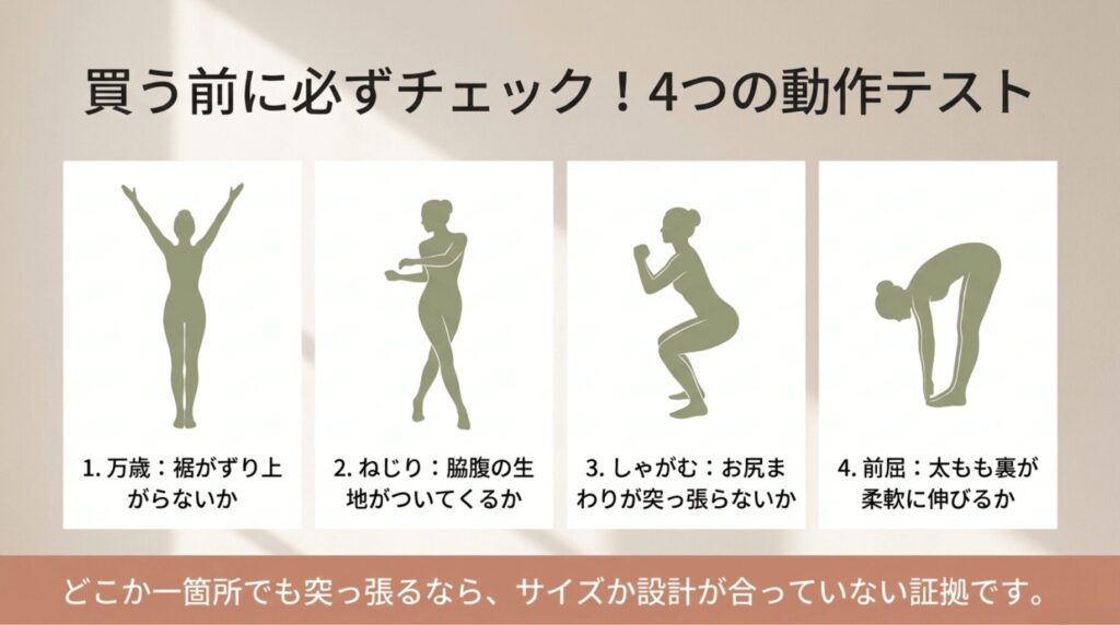 万歳、ねじり、しゃがみ、前屈の4つの動作でヨガウェアの裾上がりや突っ張りを確認するチェック用スライド