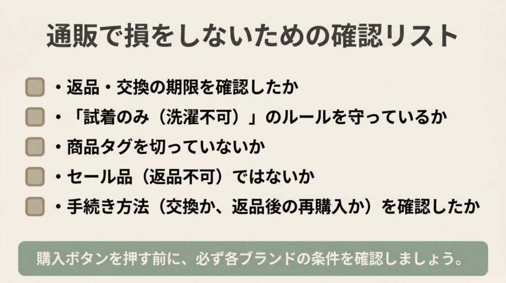 返品交換の期限、試着のみのルール、商品タグ、セール品、交換か返品後の再購入かを購入前に確認するチェックリスト