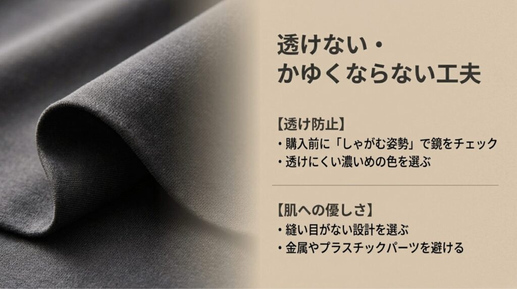 黒い生地のアップと、しゃがむ姿勢での透けチェック、濃い色選び、縫い目のない設計、金属やプラスチックパーツを避ける工夫