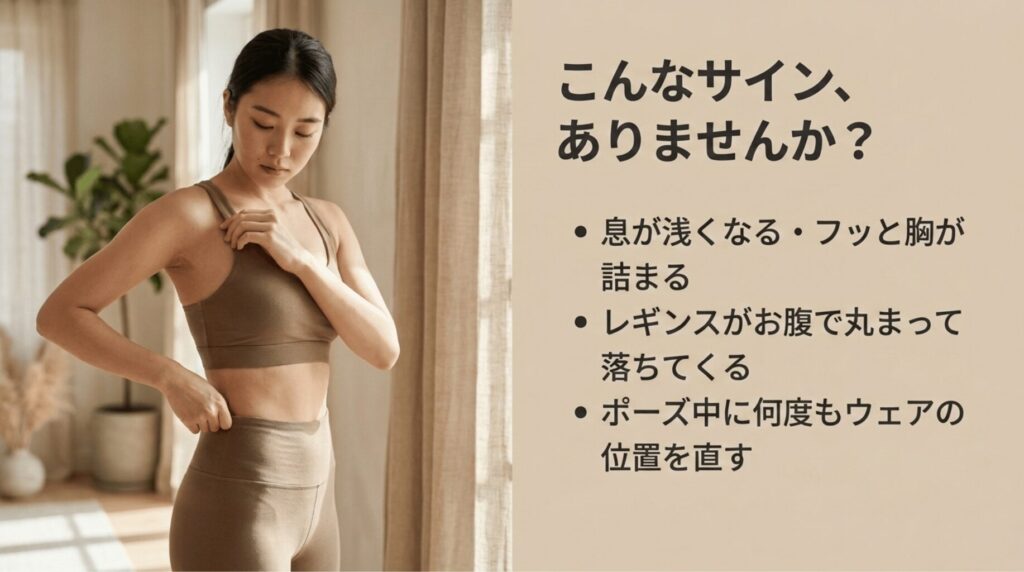 ヨガウェアの肩やウエストを確認する女性と、息が浅くなる、レギンスが丸まる、ウェアの位置を直すというチェックサイン