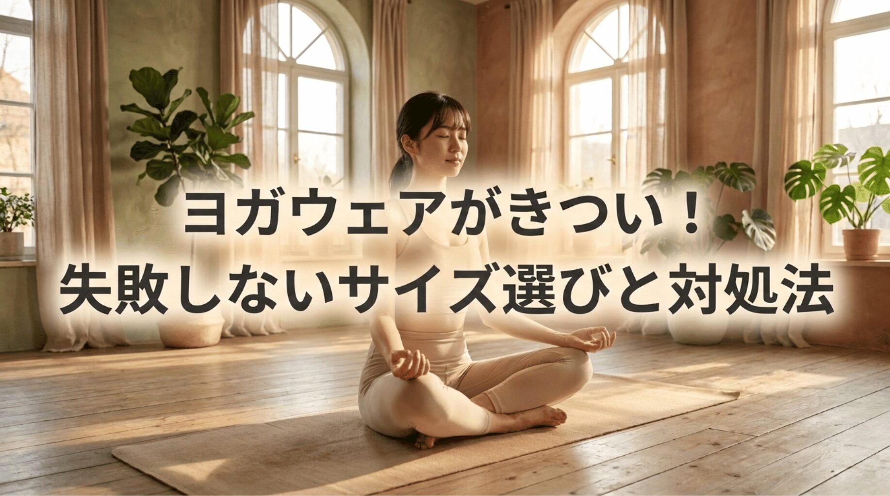明るいヨガスタジオで座る女性と「ヨガウェアがきつい！失敗しないサイズ選びと対処法」という文字が入った記事導入用スライド