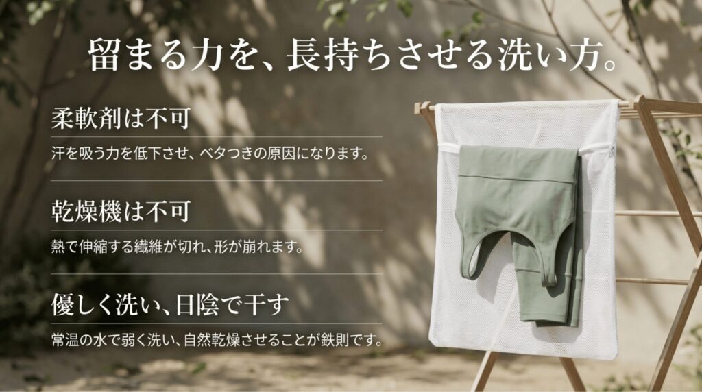 柔軟剤と乾燥機を避け、常温の水で優しく洗って日陰干しするヨガウェアの正しい洗濯方法を示すスライド